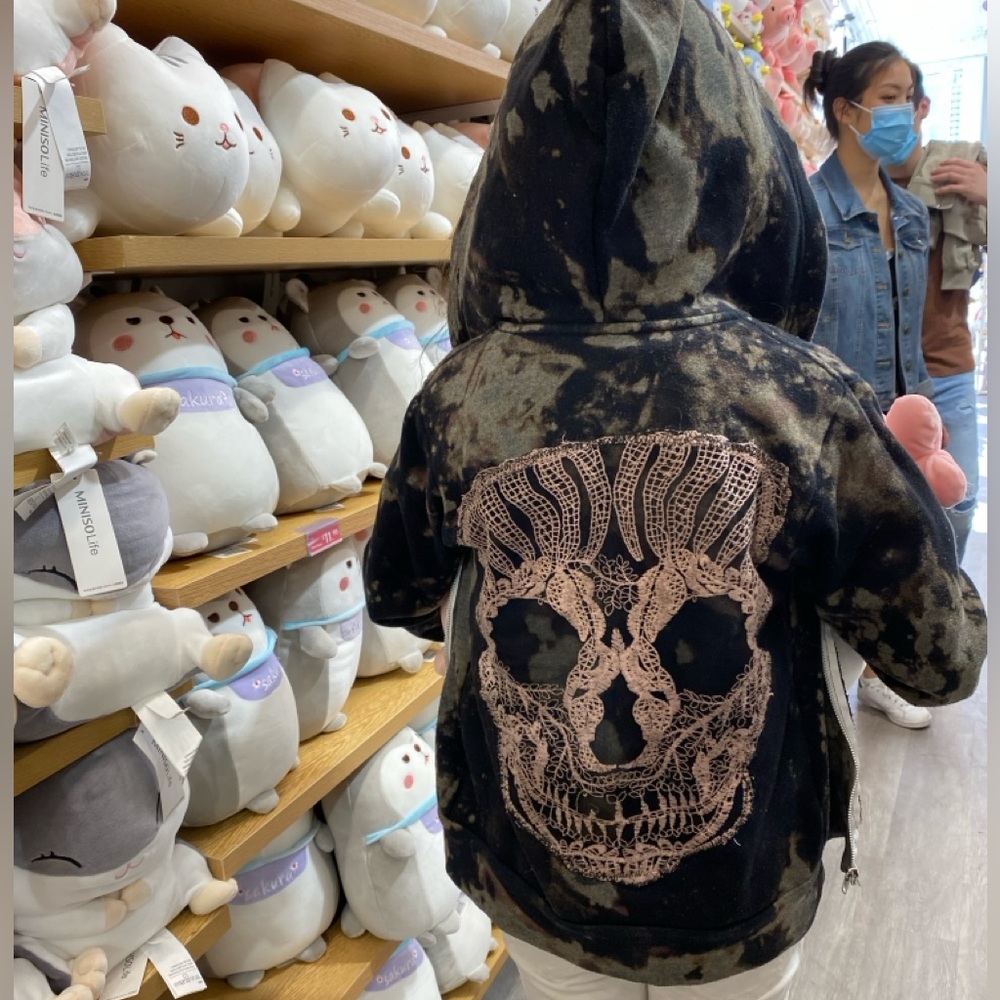 Little Kids Embroidered Skull Hoodie One of a Kind Bleach Dyed